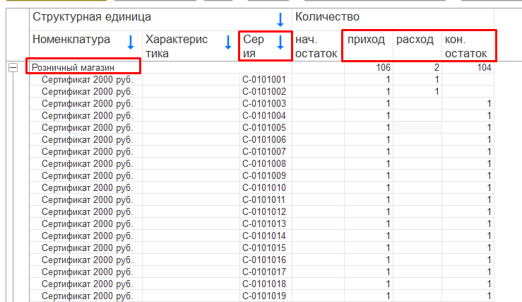 Результат - склад, серия, приход, расход, остаток